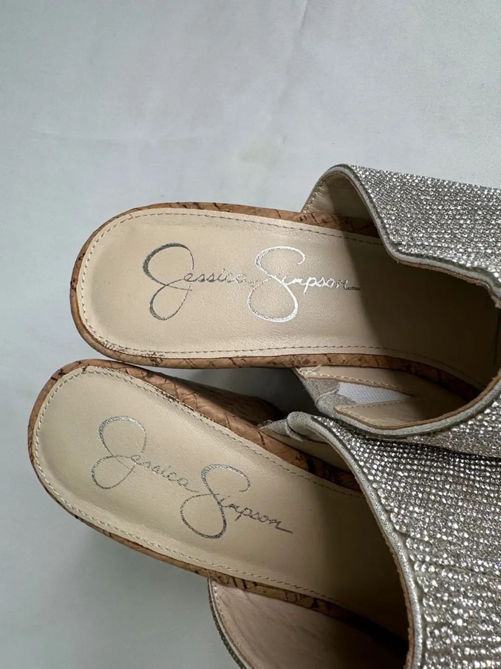Jessica Simpson Silver Rhinestone Cork Mule Slides - Picture 2 of 7